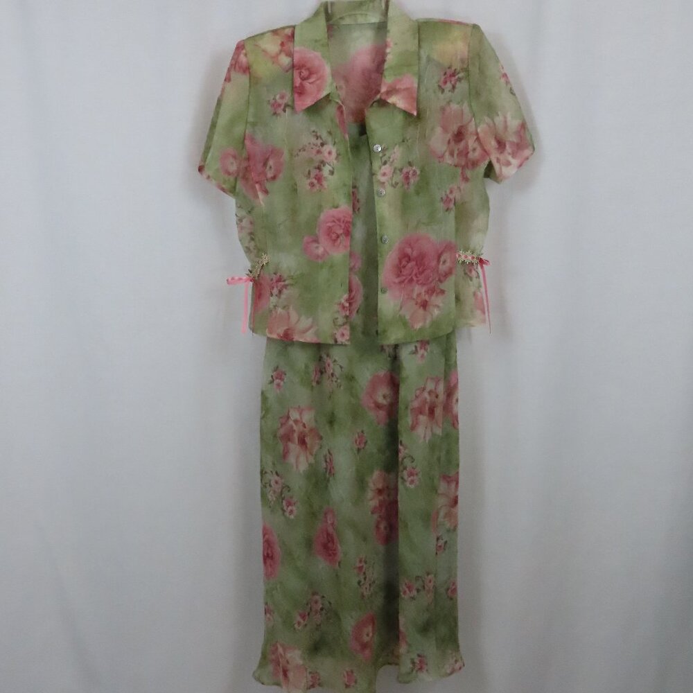Vintage 2 Piece Pink and Green Floral Print Dress with Jacket